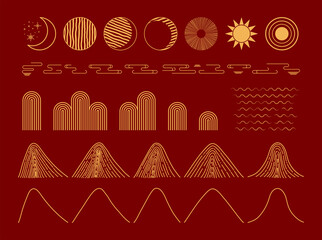 Traditional Asian landscape gold design elements collection, mountains, waves, clouds, sun, moon, stars. Vector illustration. Concept, clipart Chinese Lunar New Year, Mid Autumn Festival card, banner