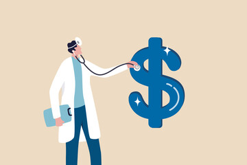 Financial checkup, diagnose income, expense and investment plan, wealth management or insurance concept, doctor using stethoscope to check on dollar money sign.