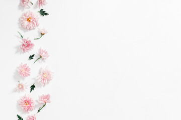 Wall Mural - Beautiful flowers composition. Pink flowers on white background. Valentines Day, Easter, Happy Women's Day, Mother's day. Flat lay, top view, copy space