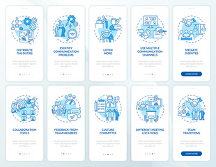 Wall Mural - teamwork blue onboarding mobile app screen set. effective team walkthrough 5 steps graphic instructi