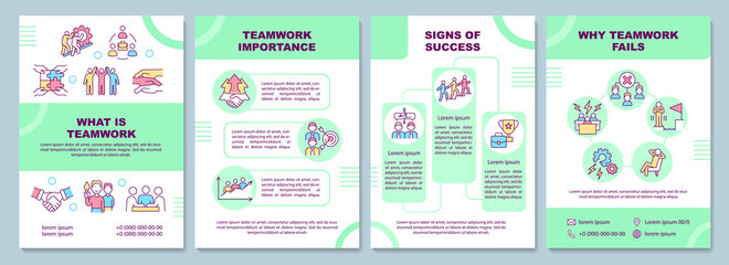 Teamwork green brochure template. Fails and success. Booklet print design with linear icons. Vector layouts for presentation, annual reports, ads. Arial-Black, Myriad Pro-Regular fonts used