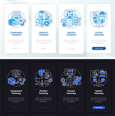 Twinning levels night and day mode onboarding mobile app screen. Walkthrough 4 steps graphic instructions pages with linear concepts. UI, UX, GUI template. Myriad Pro-Bold, Regular fonts used