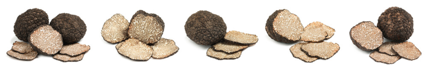 Set with expensive delicious black truffles on white background. Banner design