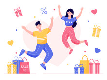 Valentine's Day Sale Advertise Banner. Happy Woman And Man Jumping With Hearts And Gift Boxes. Flat Vector.