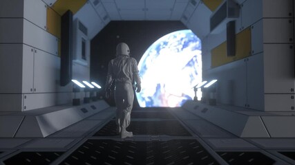 Wall Mural - astronaut in futuristic spaceship. view of the earth. concept for fantastic, futuristic or space tra