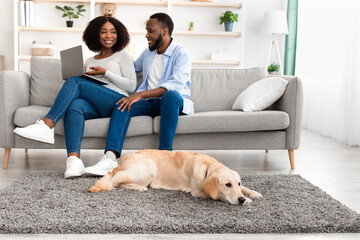 Poster - Black couple at home using laptop sitting with dog