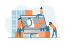 Office Workers Organizing Data Storage And File Archive On Server Or Computer. PC Users Searching Documents On Database. Vector Illustration For Information Technology, Source Concept	
