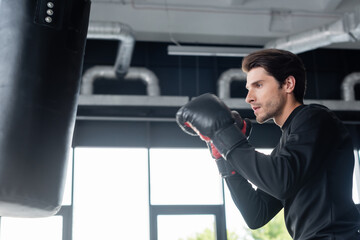 Wall Mural - Side view of sportsman in boxing gloves looking at blurred punching bag in gym