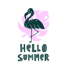 Black Flamingo Silhouette On Pink Monstera Leaf With Lettering Hello Summer. Cute Hand Drawn Illustration On White Background. Flat Vector Poster, Print, Travel Postcard. Graphic Clipart