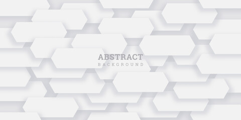 Wall Mural - White abstract background with hexagons. Geometric backdrop 3D. Horizontal banner with polygons in realistic style. White wall. Vector illustration. Modern design for wallpaper, flyer, poster. Stock