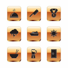 Sticker - Set Covered with tray of food, Bowl chopsticks, Blender, Ship, Storm and Medal icon. Vector