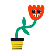 Vector Illustration Of Abstract Funny Flower Character. Contemporary Comic Doodle Face Smiling. Colorful Retro Element Of Plant In A Pot For Print, Poster, Card, Collage Design