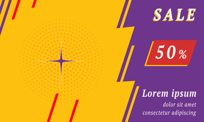 Sale promotion banner with place for your text. On the left is the abstract star symbol. Promotional text with discount percentage on the right side. Vector illustration on yellow background