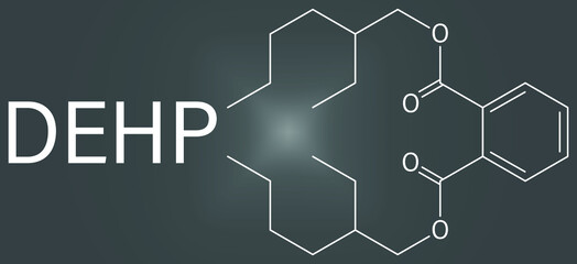 DEHP (Bis(2-ethylhexyl) phthalate, diethylhexyl phthalate, dioctyl phthalate, DOP) plasticizer molecule. Skeletal formula.