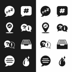 Sticker - Set Question and Exclamation, Location service, Speech bubble with snoring, Hashtag speech, Drawer documents, Clean water drop and chat icon. Vector