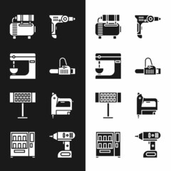 Canvas Print - Set Chainsaw, Electric mixer, Air compressor, drill machine, heater and construction stapler icon. Vector