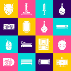 Canvas Print - Set Live streaming online, Alien, Video game console, Sword for, Poker table, graphic card, Mask of the devil with horns and Bottle magic elixir icon. Vector