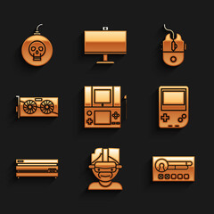 Poster - Set Portable video game console, Virtual reality glasses, Create account screen, Video, graphic card, Computer mouse gaming and Bomb ready to explode icon. Vector