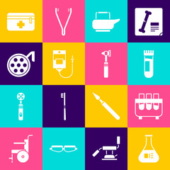 Poster - Set Test tube and flask, with blood, Bedpan, IV bag, Surgery lamp, First aid kit and Medical otoscope tool icon. Vector