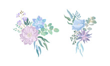 Set Of Elegant Bouquets Or Bunches Of Dusty Blue And Pale Pink Wildflowers, Eucalyptus Leaves And Greenery Vector Illustration
