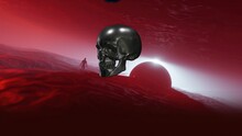 3d Illustration - Purple Liquids Drops Falling On Human Skull With Sci -fi Landscape In Background