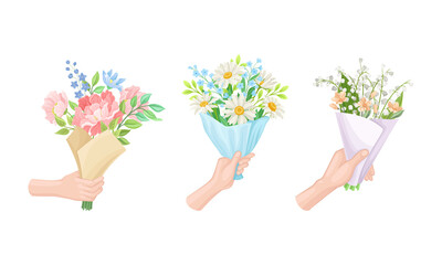  Set of male hands holding bouquet of beautiful blooming wildflowers vector illustration