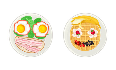 Poster - Sandwich and waffles breakfast for kids served on plates set, top view vector illustration