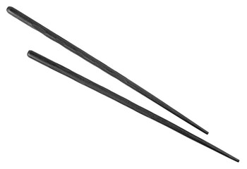 Black wooden chopsticks isolated on a white background, top view.