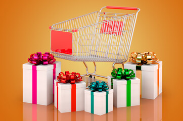 Canvas Print - Shopping metallic cart with gifts, 3D rendering