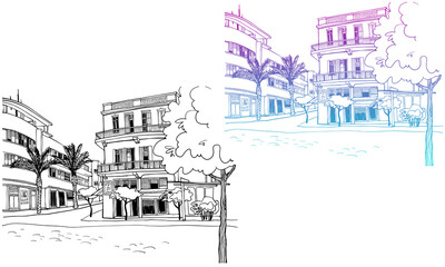 Wall Mural - Tel Aviv, romantic urban landscape, bauhaus style. Old street in Tel Aviv, Israel. Colourful and black and white Ink line sketch. Hand drawing. Vector illustration on white background.