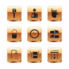 Canvas Print - Set Sauna brush, Shower, Towel on hanger, clock, bucket, mittens, Aroma candle and Man in the sauna icon. Vector