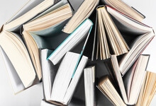Books, Textbooks, Academic Literature Standing, Top View. Paper Schoolbooks.