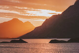Fototapeta Góry - Lofoten islands sunset landscape in Norway scandinavian nature sea and mountains beautiful travel destinations evening scenic view