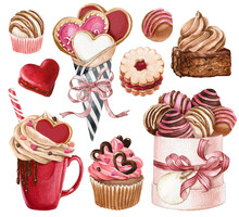 Watercolor Valentines Day Sweets Set. Cupcake, Cake Pops, Pink Sweets, Heart Cookie, Red Hot Chocolate Mug, Brownie, Love Wedding Graphics