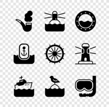 Set Smoking Pipe, Lighthouse, Ship Porthole, Cruise Ship, Seagull Sits On A Buoy, Diving Mask And Snorkel, Location With Anchor And Steering Wheel Icon. Vector