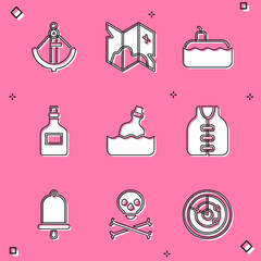 Poster - Set Anchor, Pirate treasure map, Submarine, Rum bottle, Bottle with message water, Life jacket, Ship bell and Skull on crossbones icon. Vector