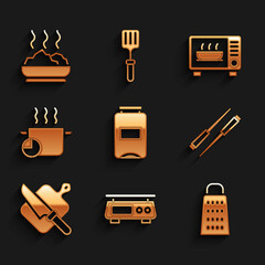 Sticker - Set Jam jar, Electronic scales, Grater, Food chopsticks, Cutting board and knife, Cooking pot, Microwave oven and Bowl of hot soup icon. Vector