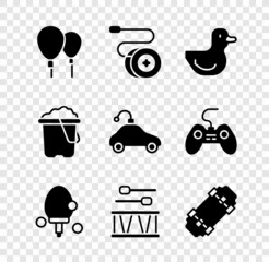 Canvas Print - Set Balloons, Yoyo toy, Rubber duck, Racket, Drum with drum sticks, Skateboard, Sand in bucket and Radio controlled car icon. Vector