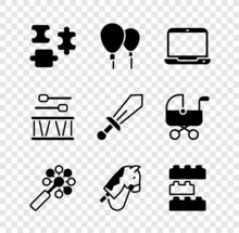 Set Puzzle Pieces Toy, Balloons, Laptop, Rattle Baby, Toy Horse, Building Block Bricks, Drum With Drum Sticks And Sword Icon. Vector
