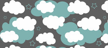 Seamless Spatial Pattern. Vector Illustration Of A Celestial Background. Template With Cartoon Clouds, Clouds, Stars. Illustration For Textile, T-shirt Prints And Other Uses.
