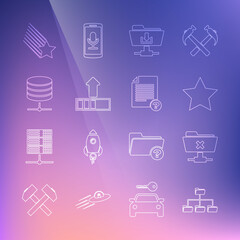 Sticker - Set line Folder tree, FTP cancel operation, Star, folder download, Loading, Server, Data, Web Hosting, Falling star and Unknown document icon. Vector