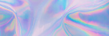 Blurred Soft Focused Abstract Trendy Rainbow Holographic Banner Background In 80s Style. Textile Texture In Purple, Violet, Pink And Mint Soft Pastel Colors. Trendy Ethereal Candy Colors Backdrop.
