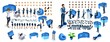 Isometric business lady and businessman with gadgets. Create your character, a set of emotions, gestures of hands, feet, hairstyles. Set 1