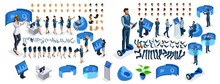 Isometric Business Lady And Businessman With Gadgets. Create Your Character, A Set Of Emotions, Gestures Of Hands, Feet, Hairstyles. Set 1
