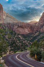 Scenic Drive In The Zion National Park During Sunset