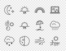 Set Line Cloud With Snow, Drought, Rainbow, Eclipse Of The Sun, Moon And Stars, Sunset, Wind And Rain Icon. Vector