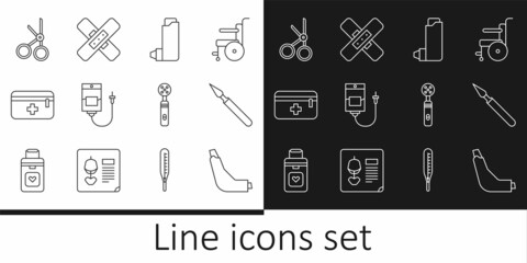 Sticker - Set line Inhaler, Medical surgery scalpel, IV bag, First aid kit, scissors, Electric toothbrush and Crossed bandage plaster icon. Vector