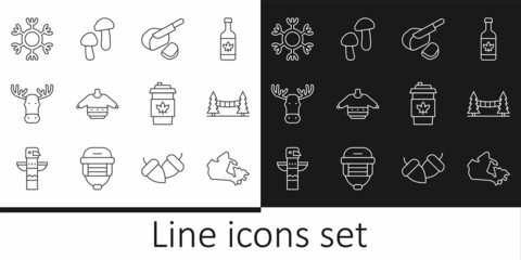 Canvas Print - Set line Canada map, Capilano Suspension Bridge, Peameal bacon, Christmas sweater, Moose head with horns, Snowflake, Coffee cup to go and Mushroom icon. Vector