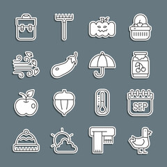 Sticker - Set line Dove, September calendar autumn, Jam jar, Pumpkin, Eggplant, Windy weather, School backpack and Umbrella icon. Vector