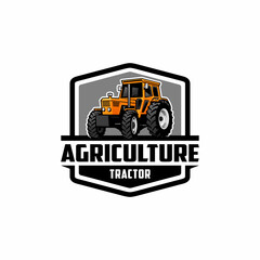 Sticker - yellow agricurtural tractor logo vector with emblem style